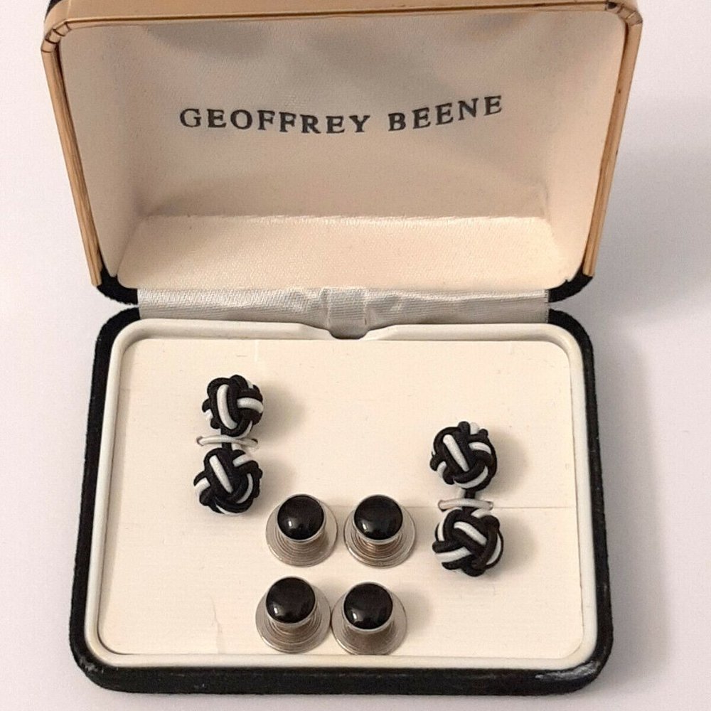 Geoffrey Beene Cuff Link & Studs Set Black White Tied Fabric Knots Velvet Box